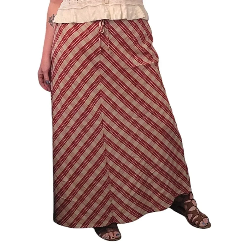 VTG 70s Red Tan Chevron Plaid Prairie Maxi Skirt SZ 10 Flax Blend High Waist